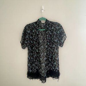 Women's Black Floral Kimono Cardigan, S